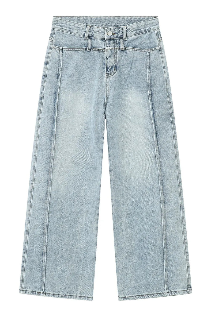 Light wash denim wide-leg jeans with vertical seams and a casual cut.