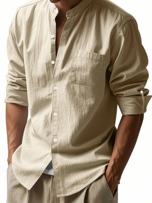 Khaki linen relaxed fit shirt with mandarin collar and button front.