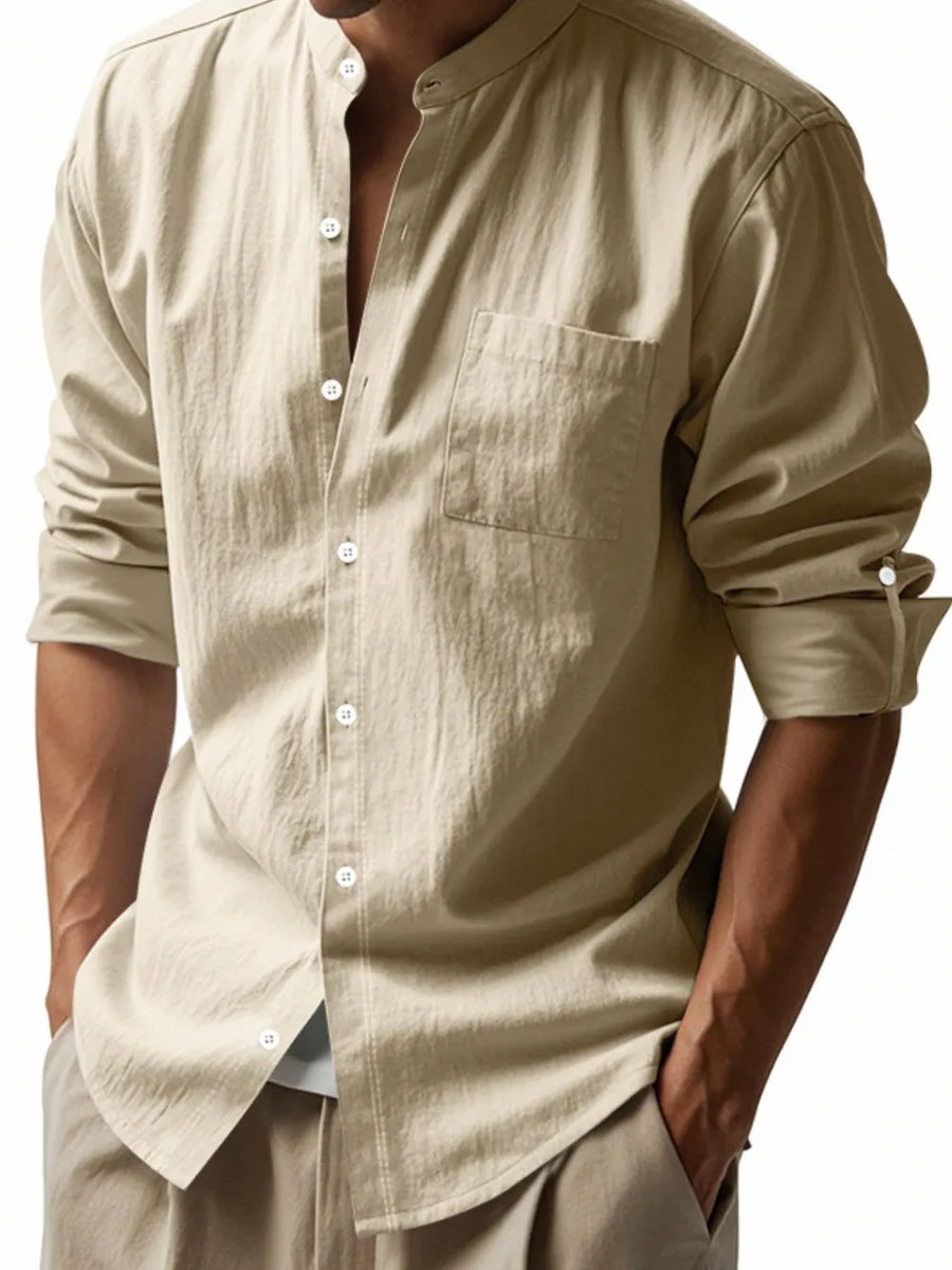 Khaki linen relaxed fit shirt with mandarin collar and button front.