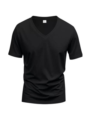 Black cotton v-neck t-shirt with short sleeves and a slim fit