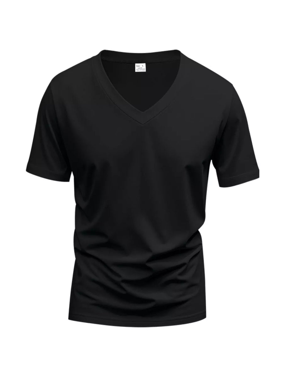 Black cotton v-neck t-shirt with short sleeves and a slim fit