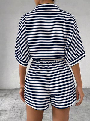 Caramel with Striped Button Front Half Sleeve Romper