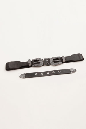 Black elastic belt with double western-style alloy buckles and decorative tip.