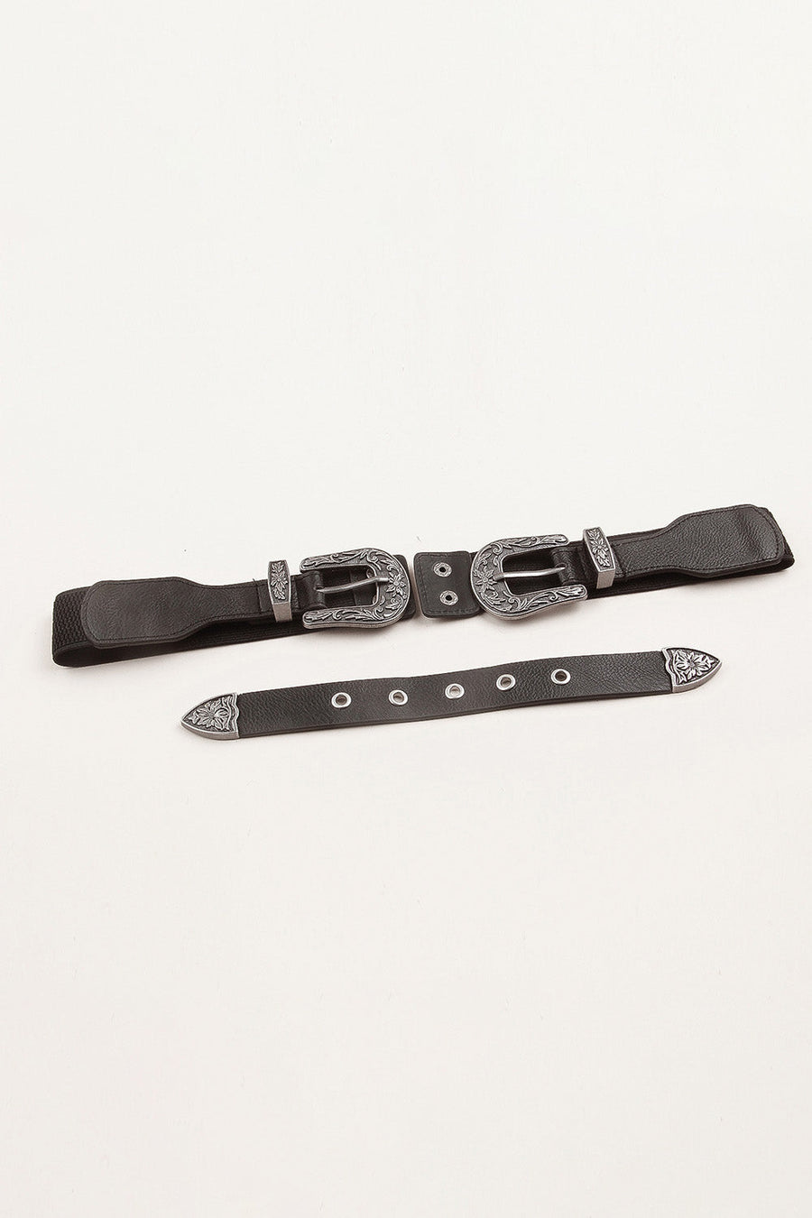 Black elastic belt with double western-style alloy buckles and decorative tip.