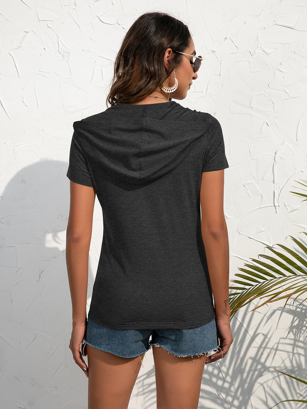 Dark Gray Zip-Front Utility Hoodie Tee with short sleeves and a hood.