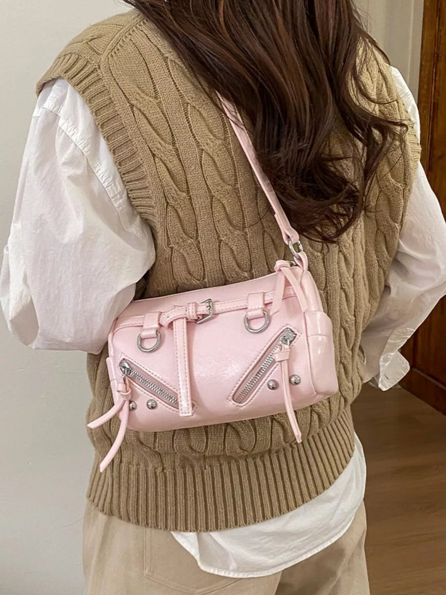 Pink with Adjustable Strap Leather Shoulder Bag
