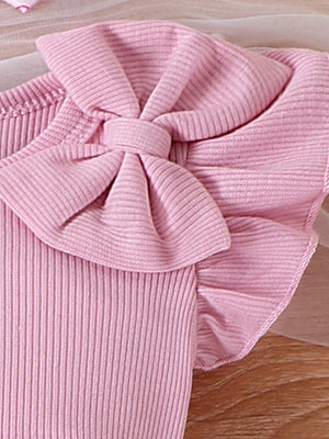 Pink ribbed cotton baby bodysuit with bowknot and ruffle detail