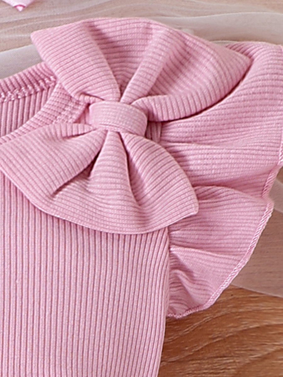 Pink ribbed cotton baby bodysuit with bowknot and ruffle detail