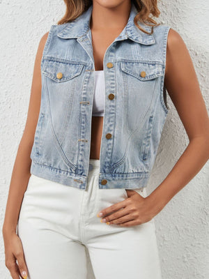 Cropped light wash denim vest with button-down front and chest pockets