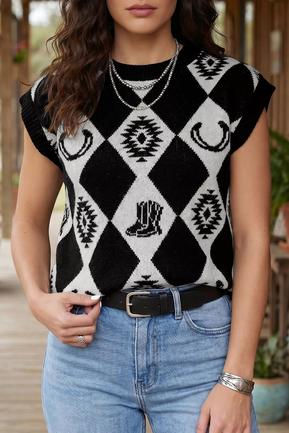 Retro Rhombus Western Print Drop Shoulder Sweater