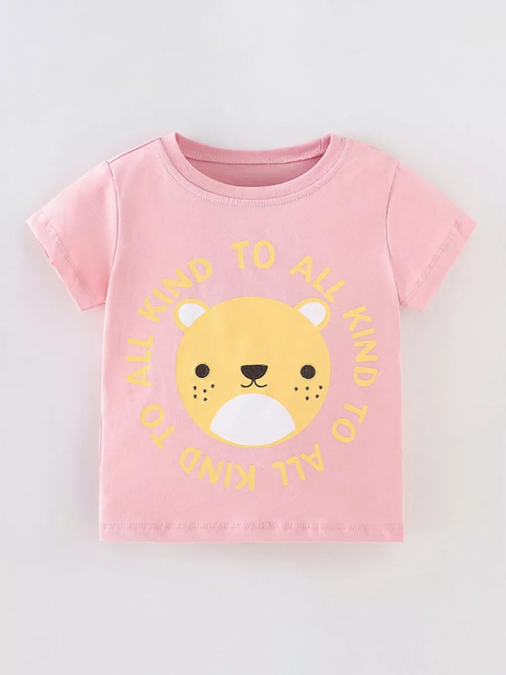 Pink cotton t-shirt with cheerful bear graphic and text.