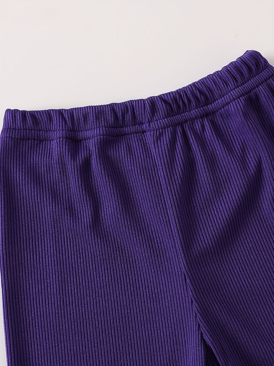 Purple ribbed baby pants with elastic waistband