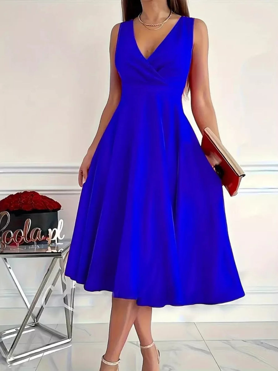 Blue sleeveless midi dress with V-neck and flared skirt.