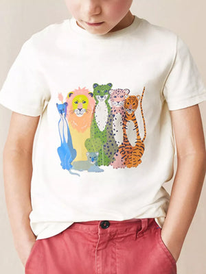 Cream cotton t-shirt with a colorful wild animal graphic print for toddlers.