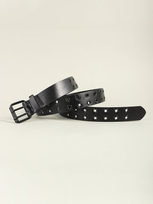 Black vegan leather belt with double grommet detailing and a matte black buckle.