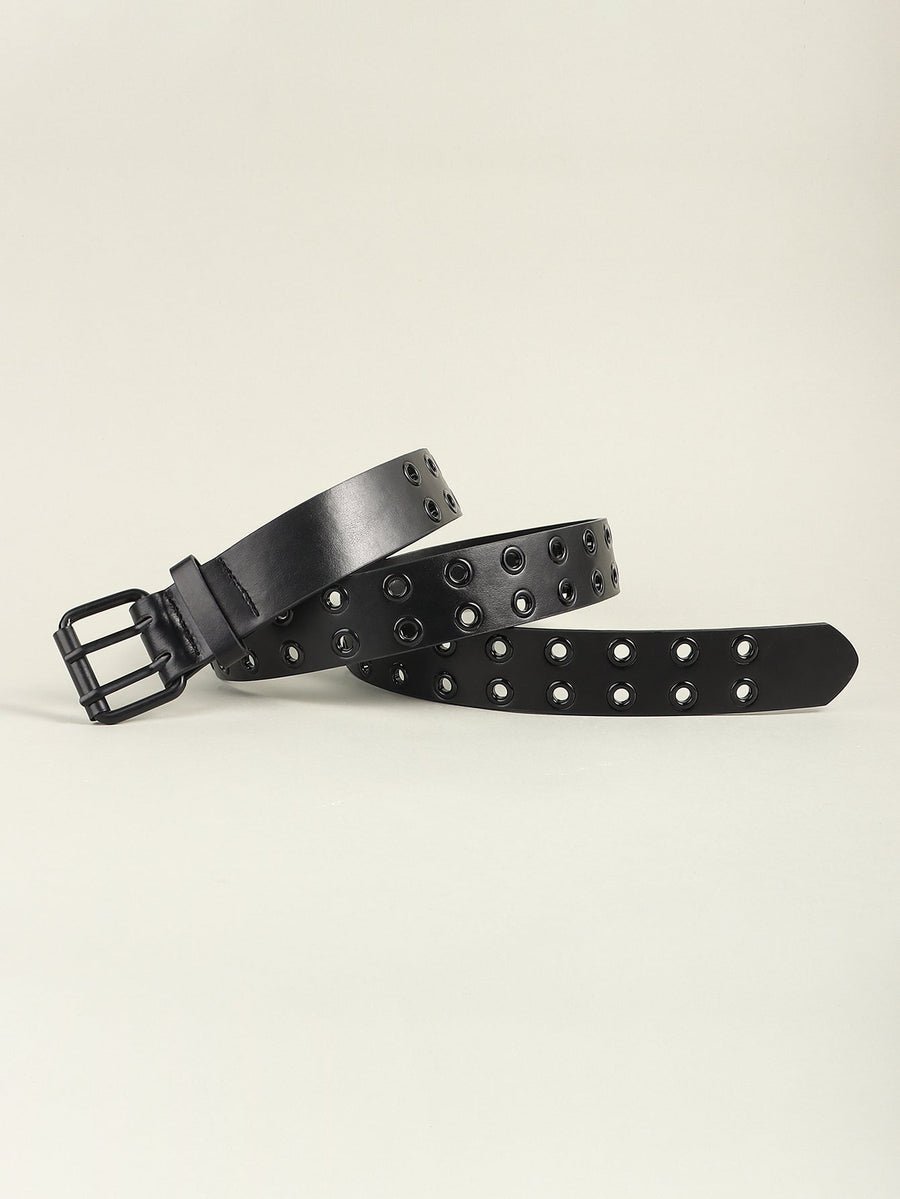 Black vegan leather belt with double grommet detailing and a matte black buckle.