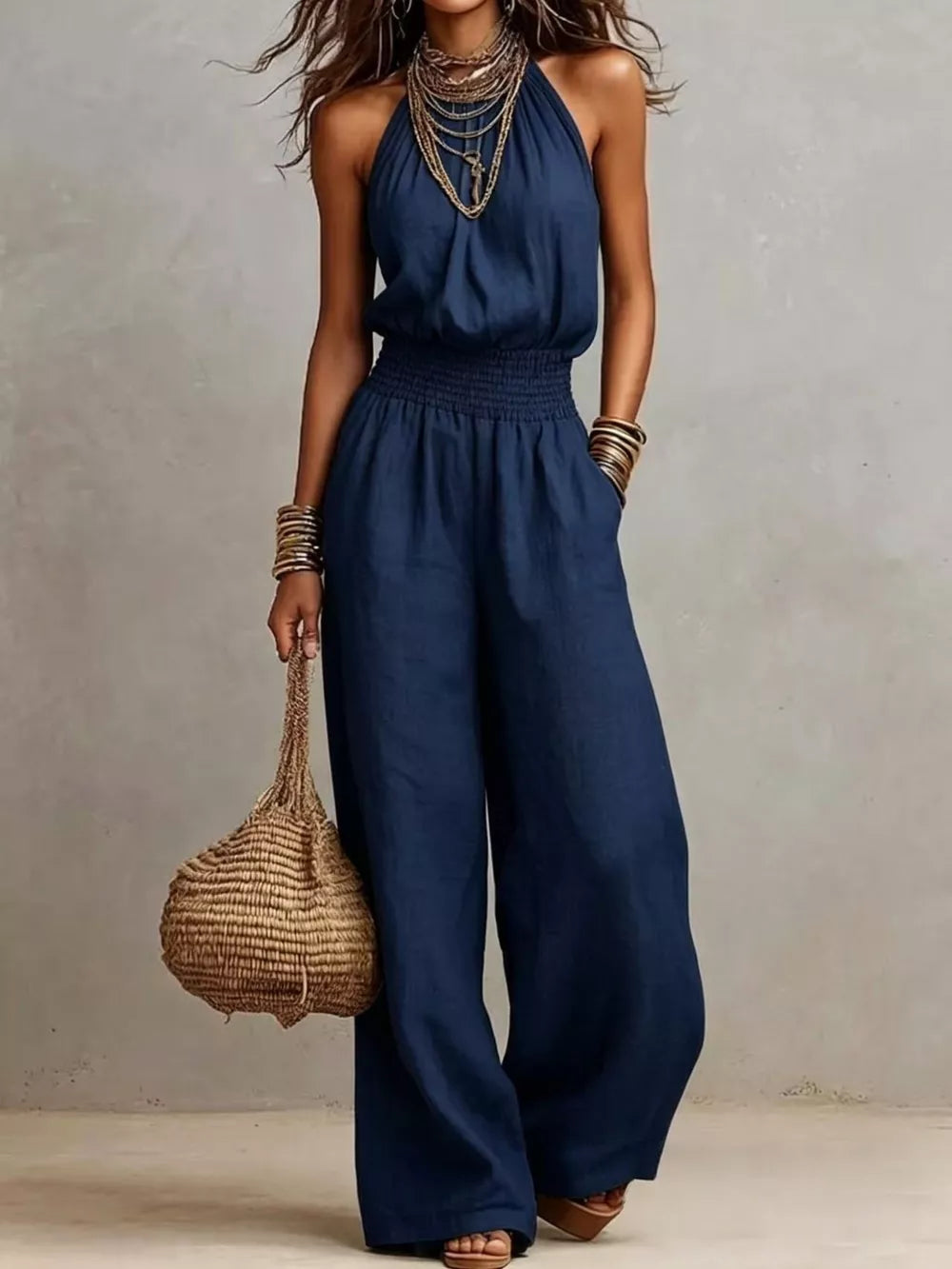 Elegant Halter Neck Wide-leg Jumpsuit in Light Brown with pocketed