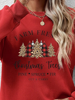 Red Christmas graphic crewneck sweatshirt with leopard and buffalo plaid trees.