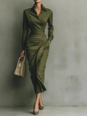 shirt dress in olive green featuring ruched and A-line fit