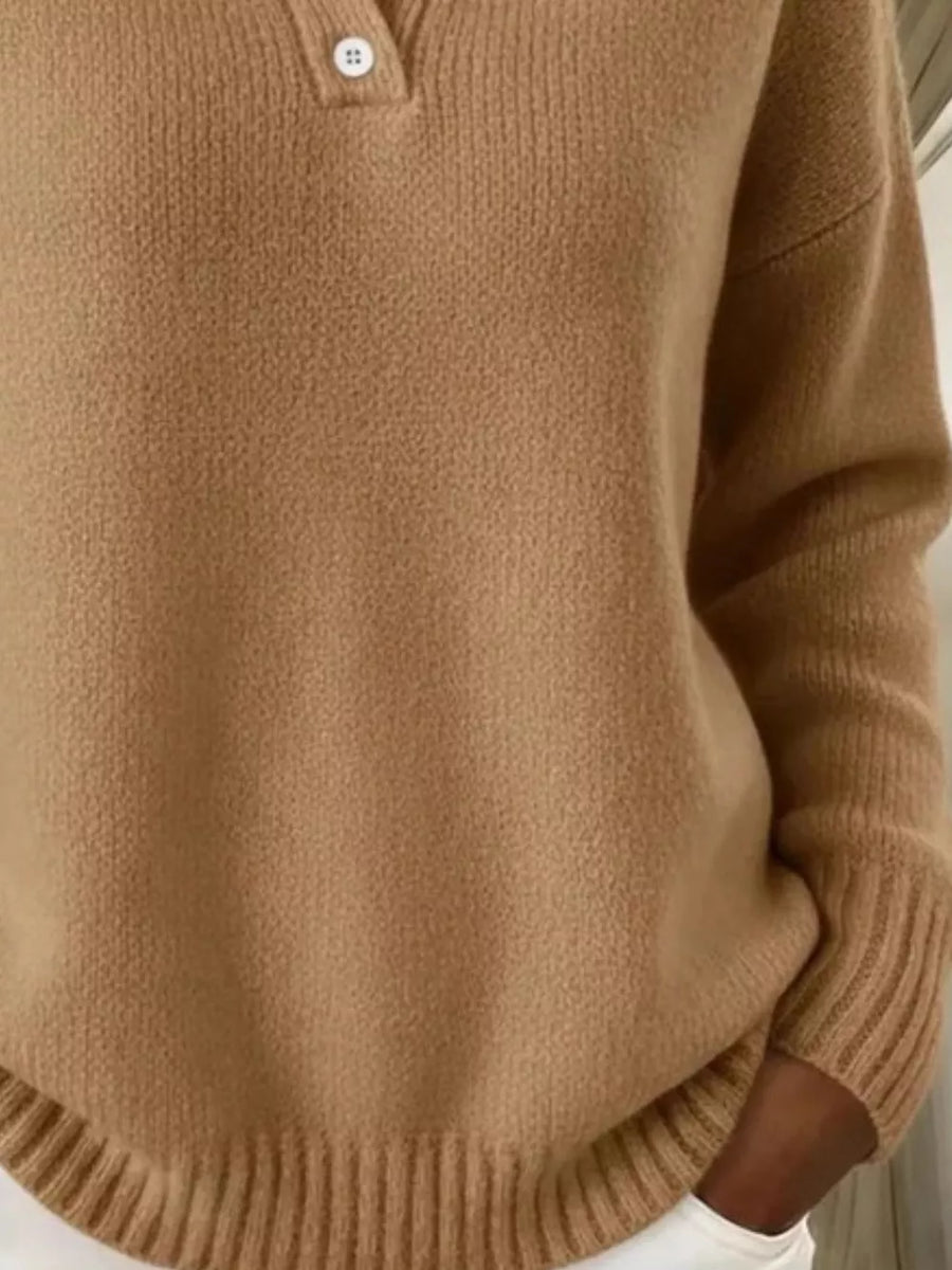 Button Detail Dropped Shoulder Sweater Plus Size in Milky White with ribbed cuffs