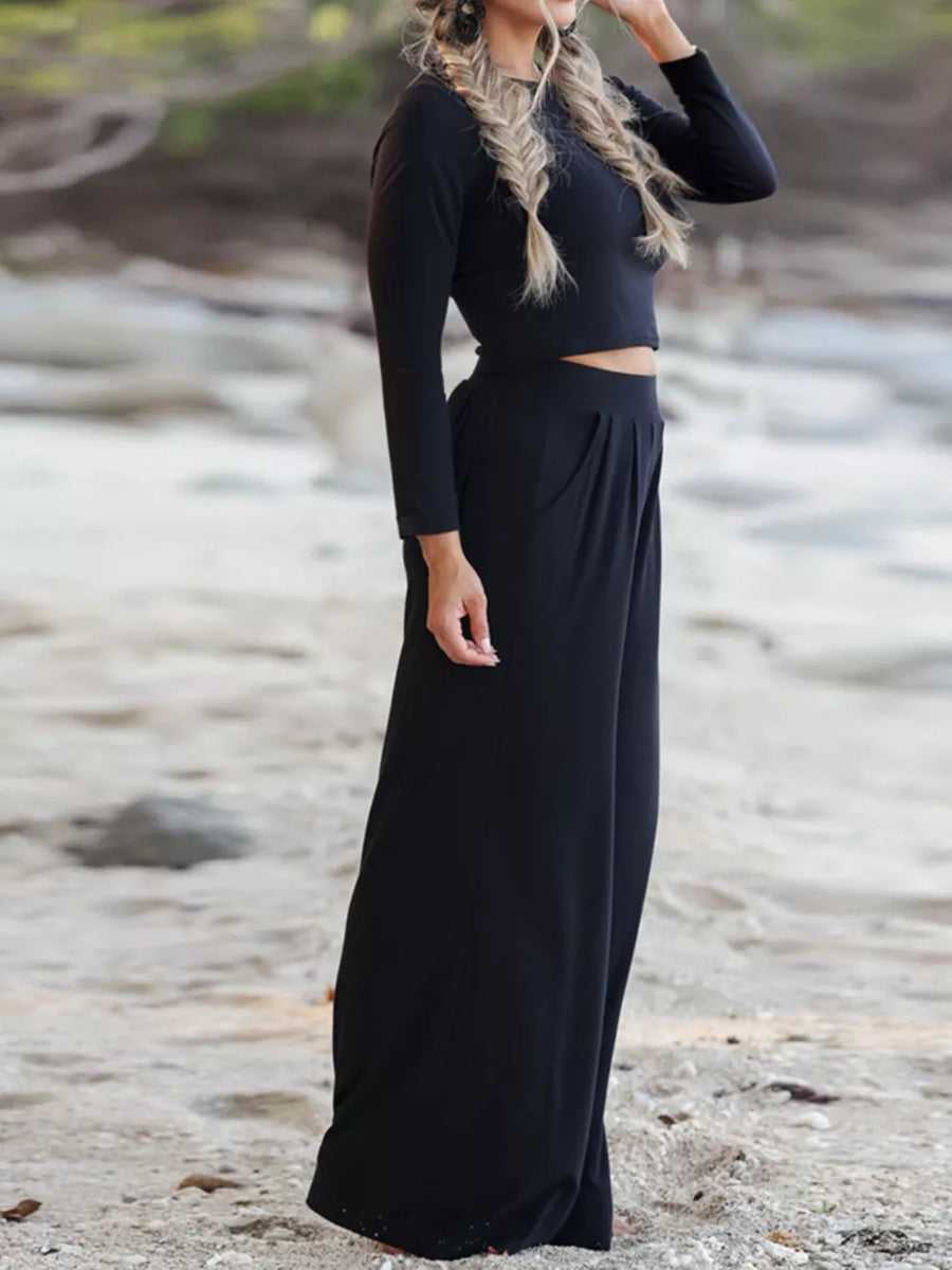 Black with Long Sleeve Crop Top And Wide-leg Pants Set