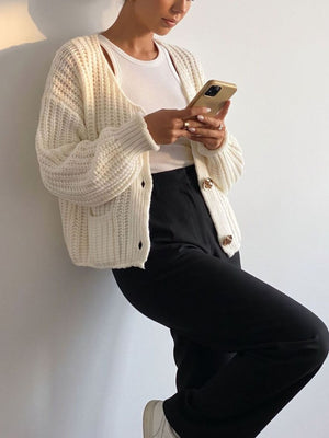 cardigan in Coffee Brown with ribbed knit and buttoned