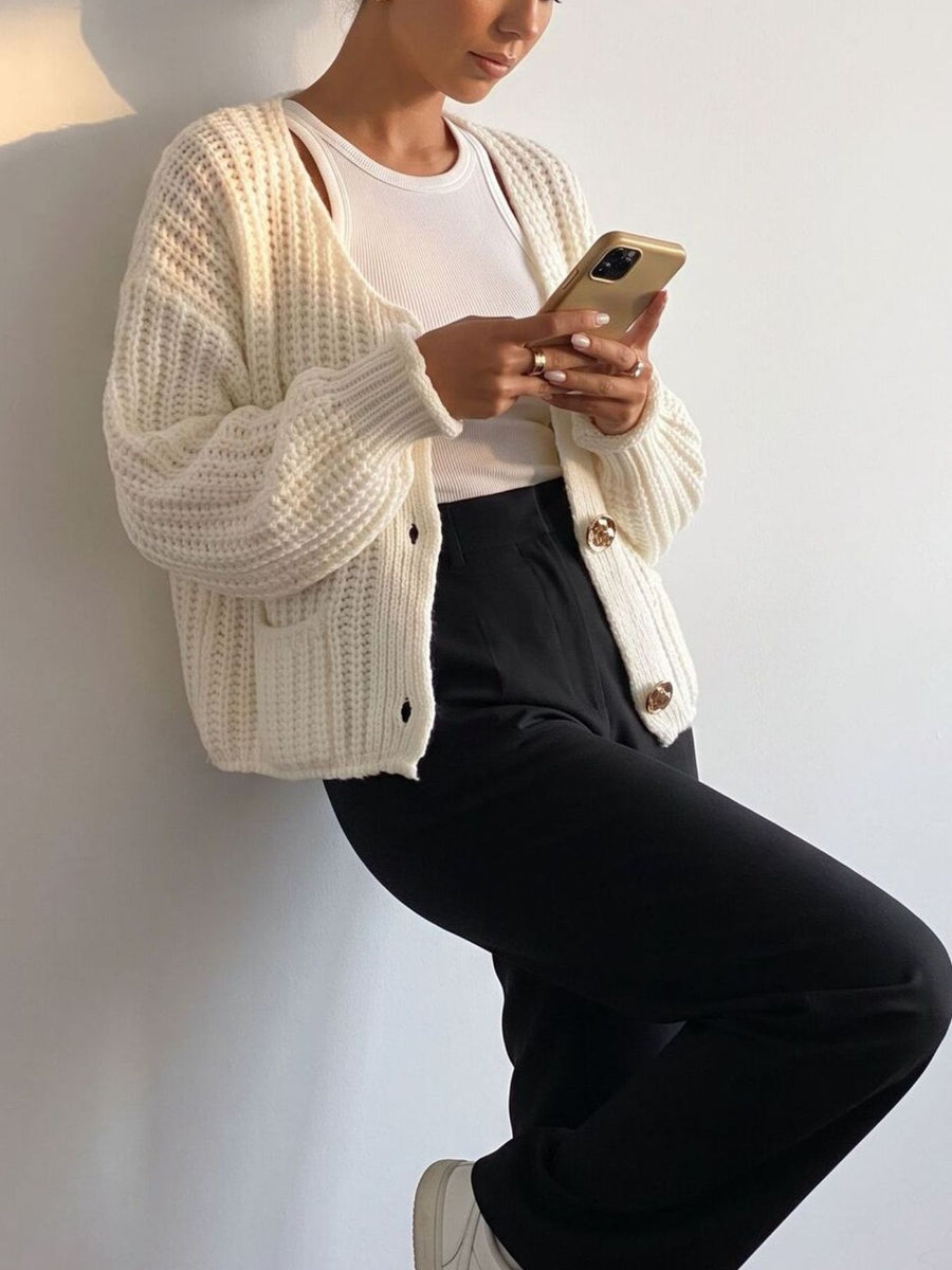 cardigan in Coffee Brown with ribbed knit and buttoned