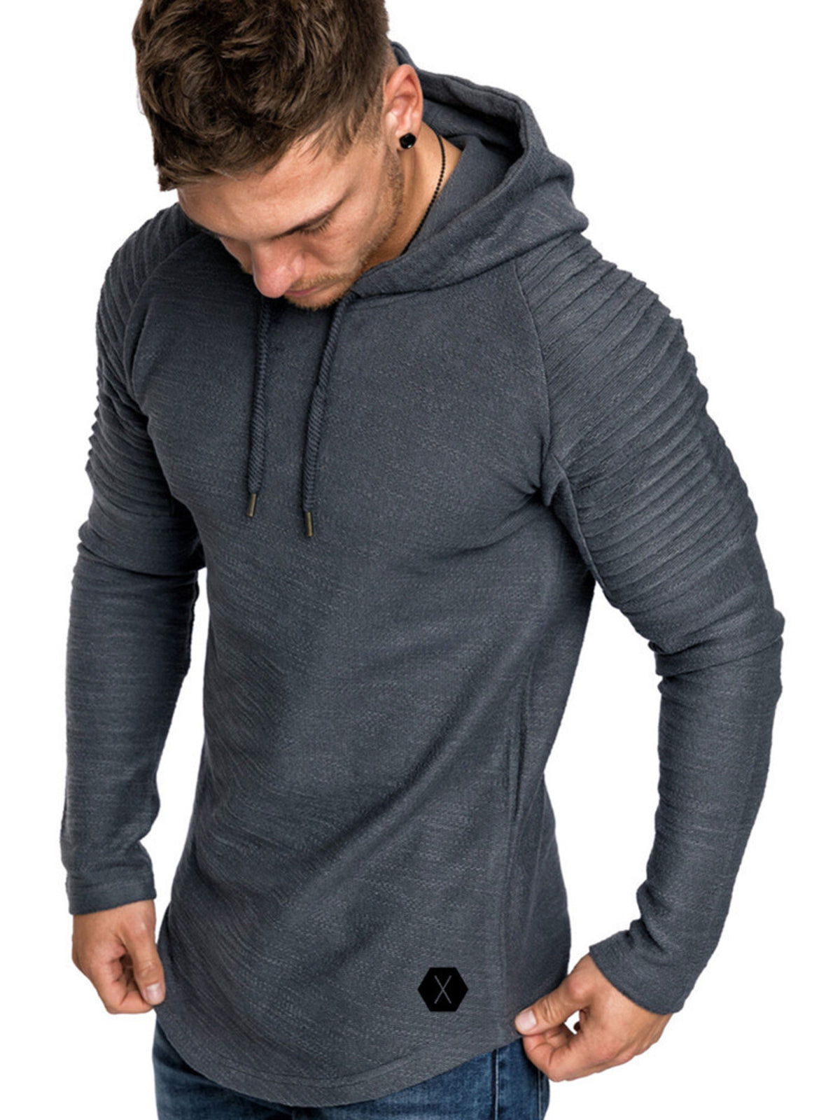 Black pullover hoodie featuring ribbed and ribbed