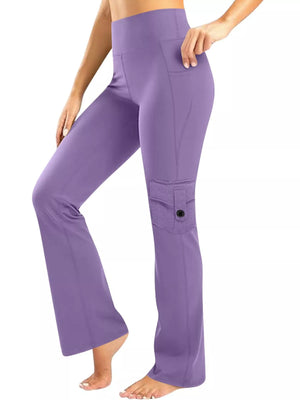 Purple high-waisted yoga pants with flared leg and cargo pocket detail