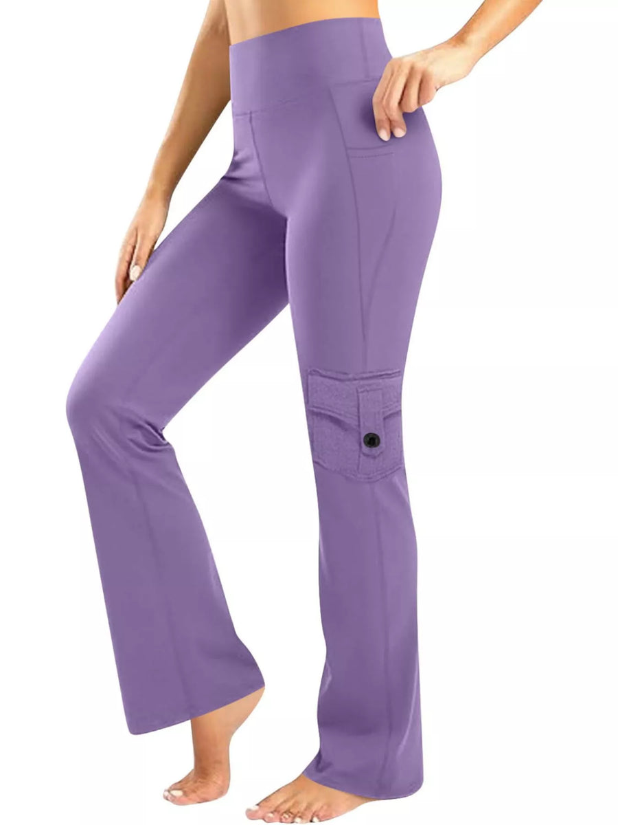 Purple high-waisted yoga pants with flared leg and cargo pocket detail