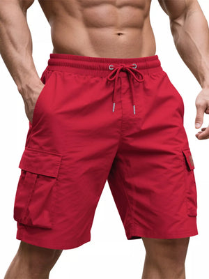 Deep red cargo shorts with adjustable drawstring waist and side cargo pockets.