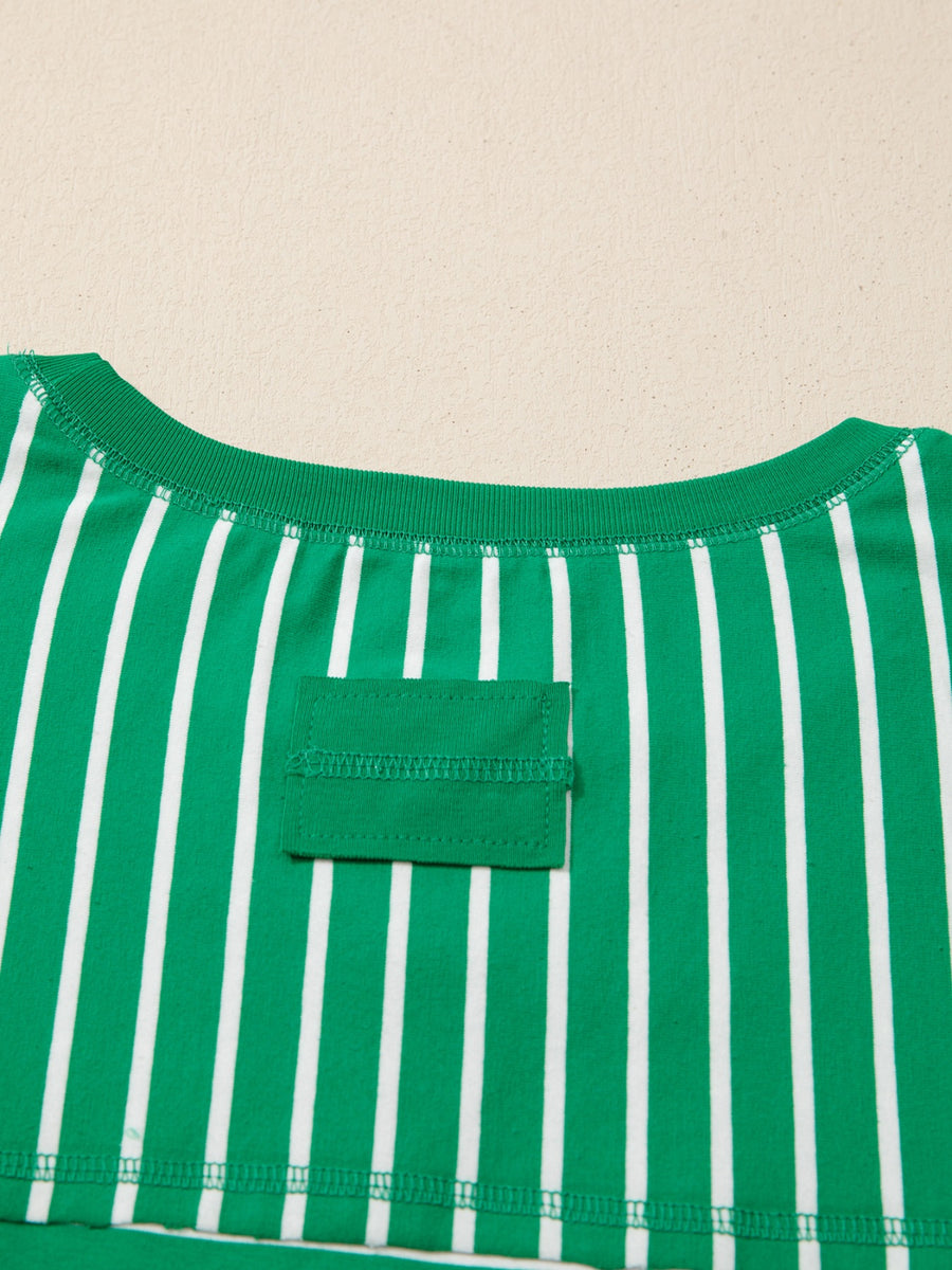 Green and white striped cotton t-shirt with crew neck and chest pocket detail.