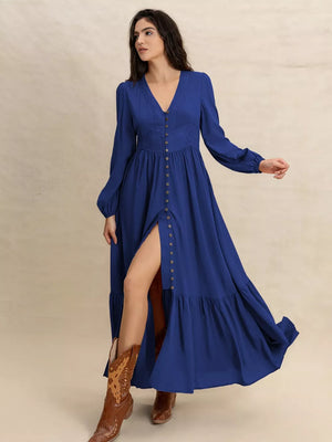 Blue viscose maxi dress with V-neck, button front, tiered skirt, and high slit.