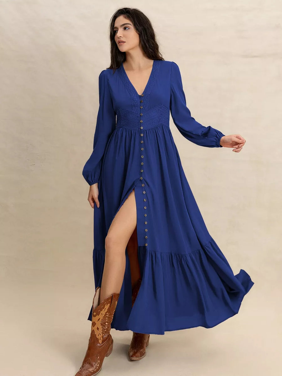 Blue viscose maxi dress with V-neck, button front, tiered skirt, and high slit.