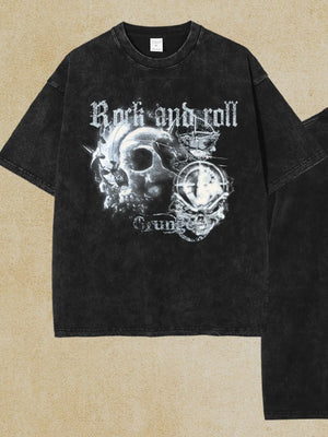 Black vintage rock graphic tee with skull and crown design.