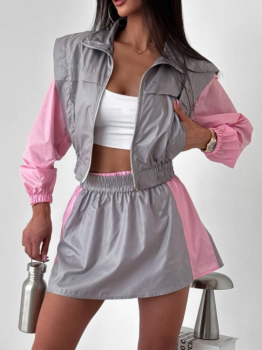 Grey set featuring zipper and color-block