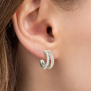 Silver double band hoop earrings with moissanite stones