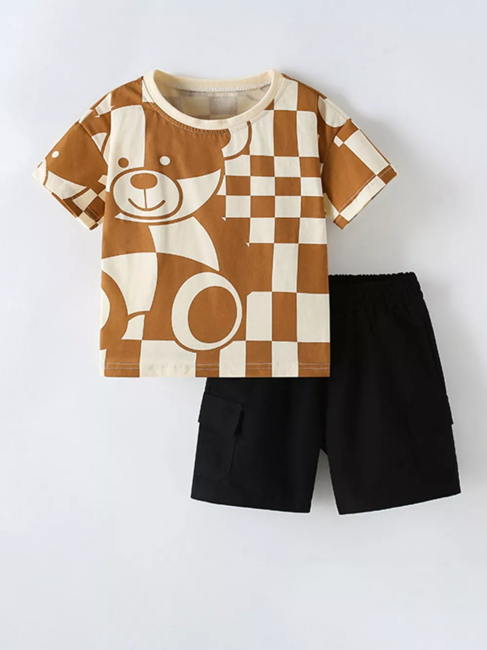Toddler boys' checkerboard bear graphic t-shirt and black cargo shorts set.