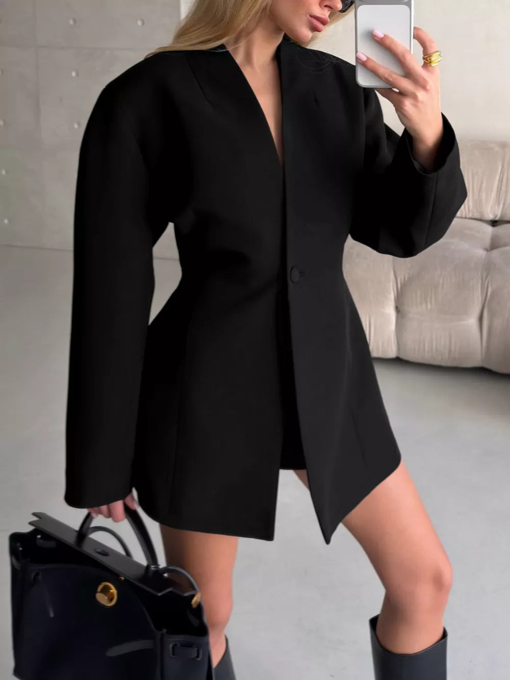 One Button Long Sleeve Blazer in Black with one-button closure