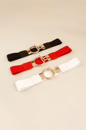 Elasticated ring buckle belts in black, red, and white with gold alloy hardware.