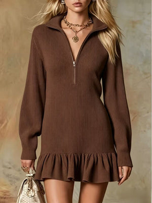 cream mini dress with ruffled hem and long sleeve