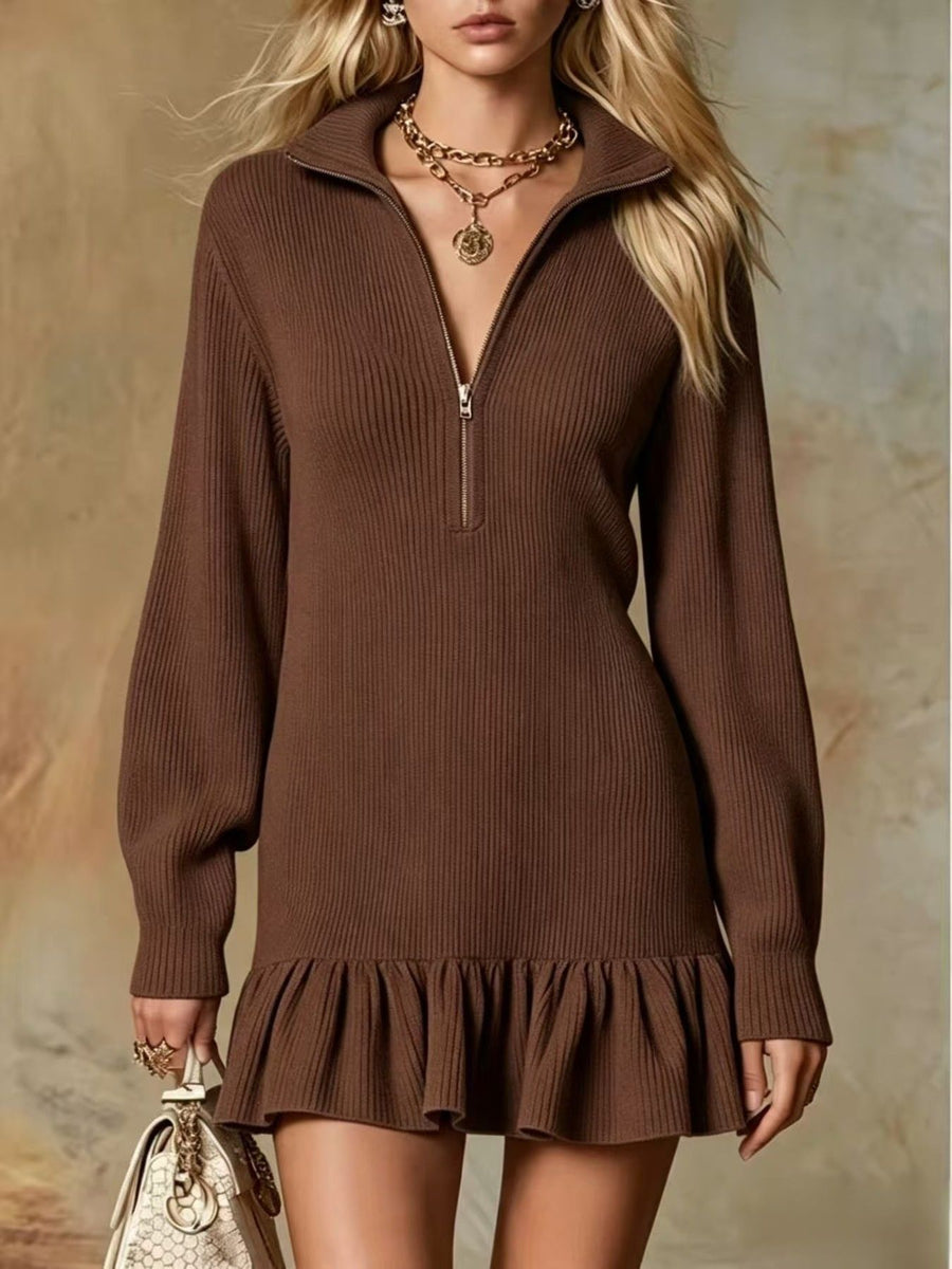 cream mini dress with ruffled hem and long sleeve