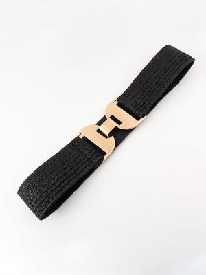 Black raffia belt with gold-tone double buckle detail