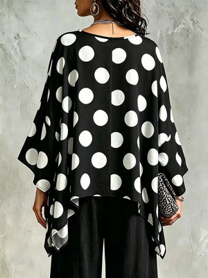 Black with Polka Dot Asymmetrical Hem Blouse