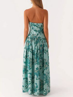 Turquoise floral print strapless maxi dress with gathered waist