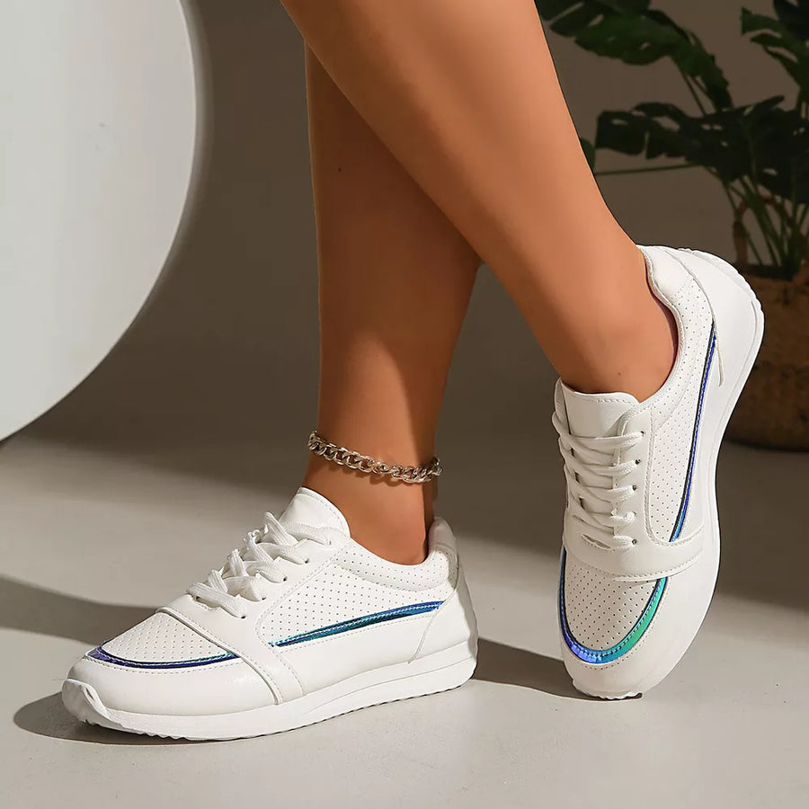 White lace-up sneakers with iridescent blue and green trim and perforated detail.