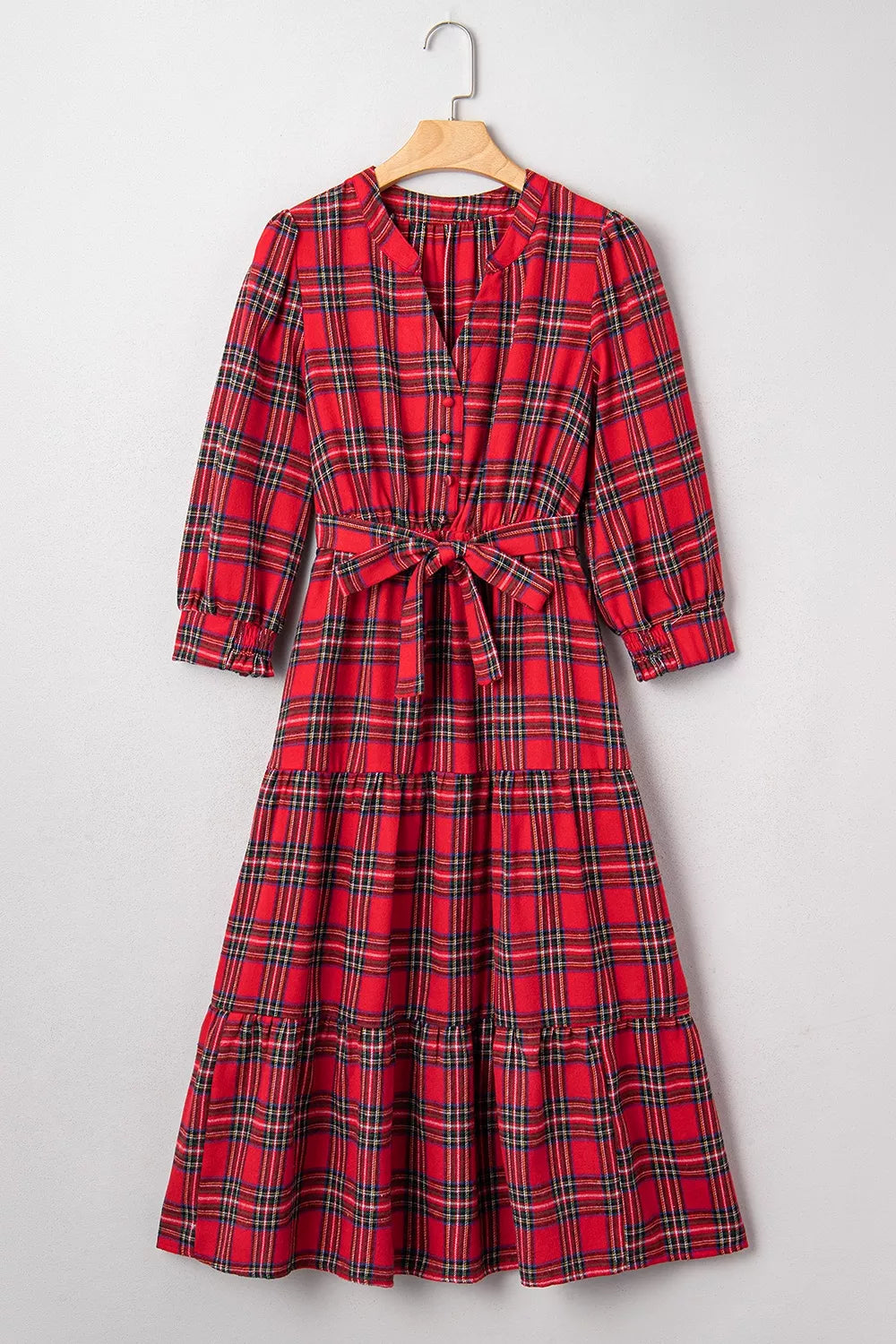 Christmas Plaid V Neck Tie Waist Midi Dress option 9