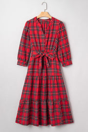 Christmas Plaid V Neck Tie Waist Midi Dress option 9