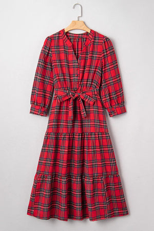 Christmas Plaid V Neck Tie Waist Midi Dress option 9