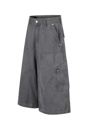 Men's relaxed fit grey cotton cargo capris with multiple pockets and a zippered pocket detail.
